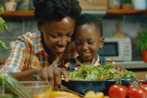 A mother and young child working together in the kitchen, chopping vegetables for a fresh salad