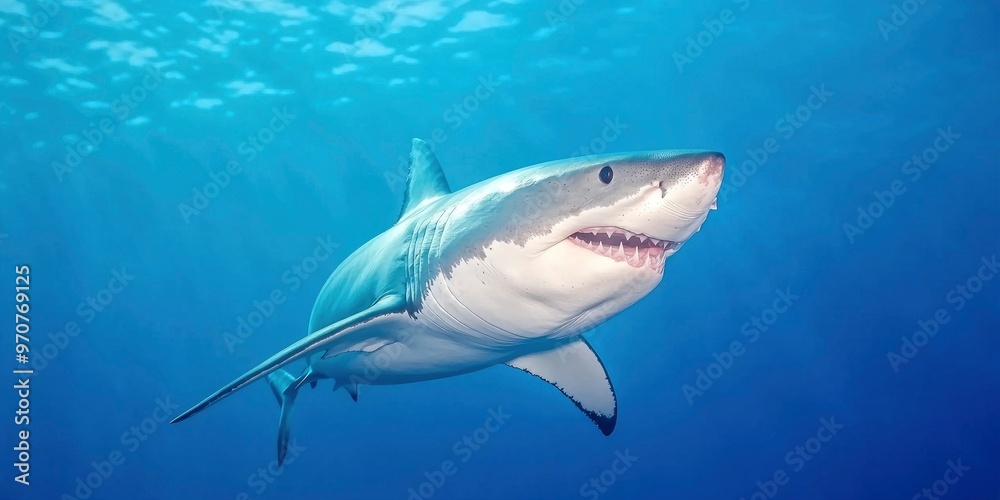 Fototapeta premium Incredible Chum Line Attack by a Great White Shark During a Shark Cage Dive in Port.