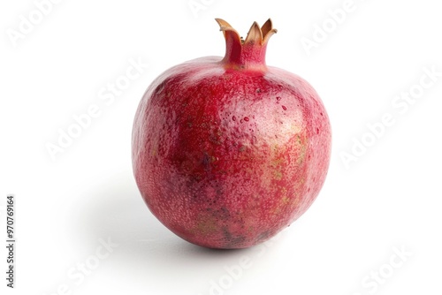 A single red pomegranate sitting on a white surface, ready for use as a prop or decoration