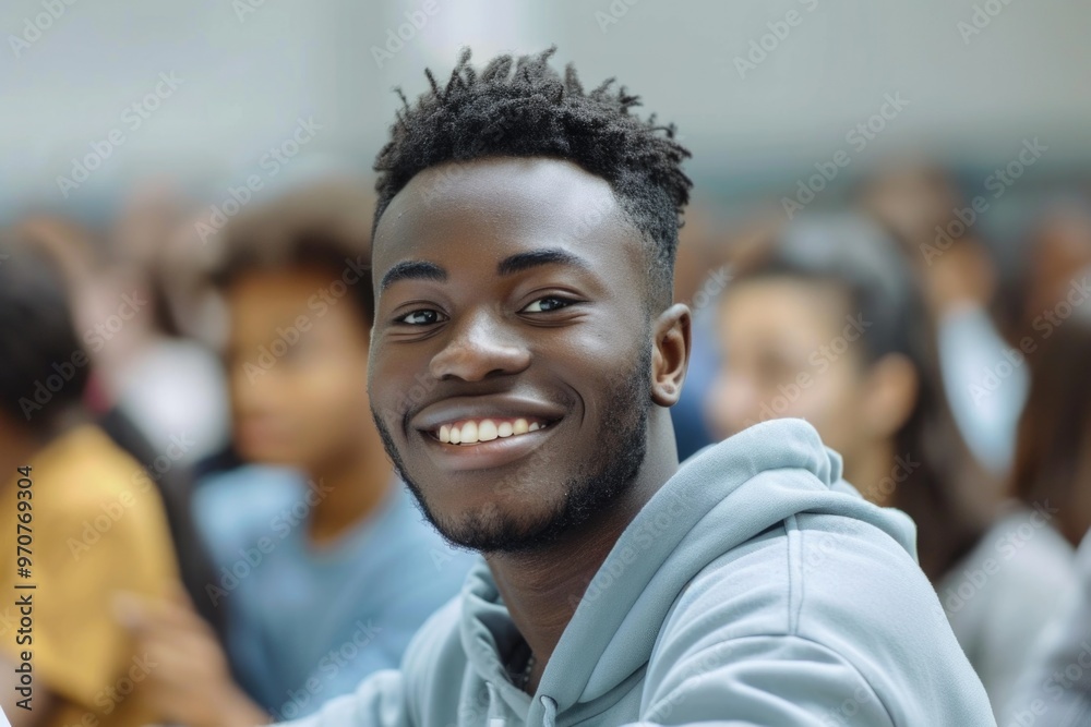 A person sitting at the front of a room with a group of people behind him, possibly presenting or giving a talk A person sitting at the front of a room with a group of people behind him, possibly presenting or giving a talk