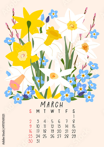 Vertical page calendar for January 2025 with cute spring daffodil, pussy willow and myosotis flowers and leaves. Week starts on Sunday. Vector illustration flat cartoon style