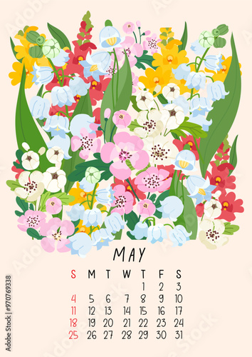 Vertical page calendar for May 2025 with cute spring lily of valley and hawthorn flowers and leaves. Week starts on Sunday. Vector illustration flat cartoon style
