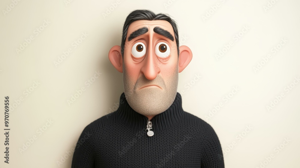 A 3D cartoon of a young man in a dark sweater, showcasing a questioning expression on a clean, light background.