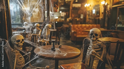 Spooky Halloween Cafe Setting with Skeletons and Haunting Atmosphere. Dimly lit vintage cafe interior with skeleton a moody,supernatural ambience perfect for the autumn holiday