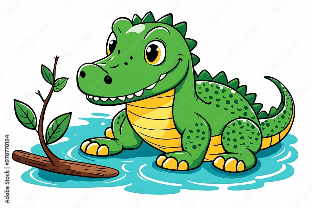 Fototapeta premium Cartoon Crocodile Sitting in Water with a Branch