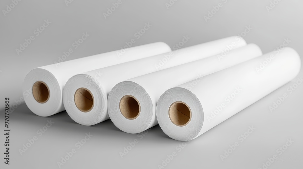 Blank white paper rolls isolated on gray background. Mockup paper for magazines catalogs or newspapers isolated on gray backdrop Printing house theme or wrapping paper for presents