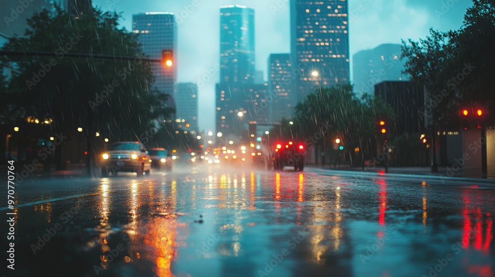 Fototapeta premium A city center on a day with rainfall.