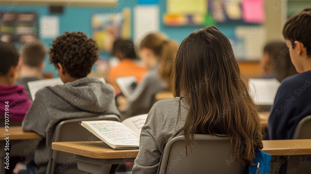 Rear view of middle school students studying in classroom. Rear view of middle school students studying in classroom.