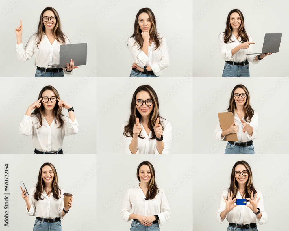 A professional woman showcases a variety of expressions and activities, ranging from thinking deeply to enthusiastically presenting with a laptop A professional woman showcases a variety of expressions and activities, ranging from thinking deeply to enthusiastically presenting with a laptop