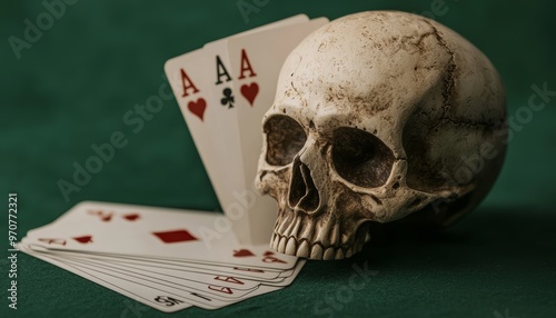 Explain how the skull and cards could represent a villain or anti-hero in a fantasy world, who manipulates fate and luck to their advantage photo