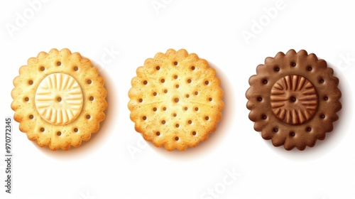 A realistic set of crispy cracker cookies isolated on a white background, illustrating salty, chocolate, and sweet biscuits in a top view