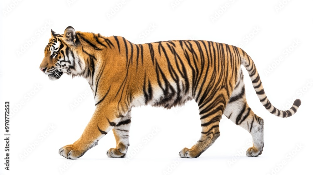 Obraz premium Side view of a Tiger walking away isolated on white