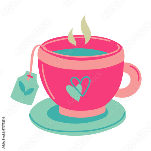 Flat vector illustration of a pink tea cup with a plate, with drawings of a heart and a tea bag. Blue, pink colors. Tea bag is depicted as a rectangle hanging on the edge of the cup, descending from