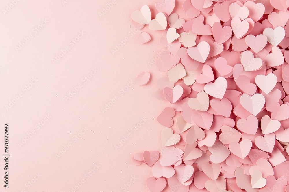 Paper cutout hearts in various shades of pink on a soft pink background. Concept of love, Valentine's Day, and romance. Paper cutout hearts in various shades of pink on a soft pink background. Concept of love, Valentine's Day, and romance.