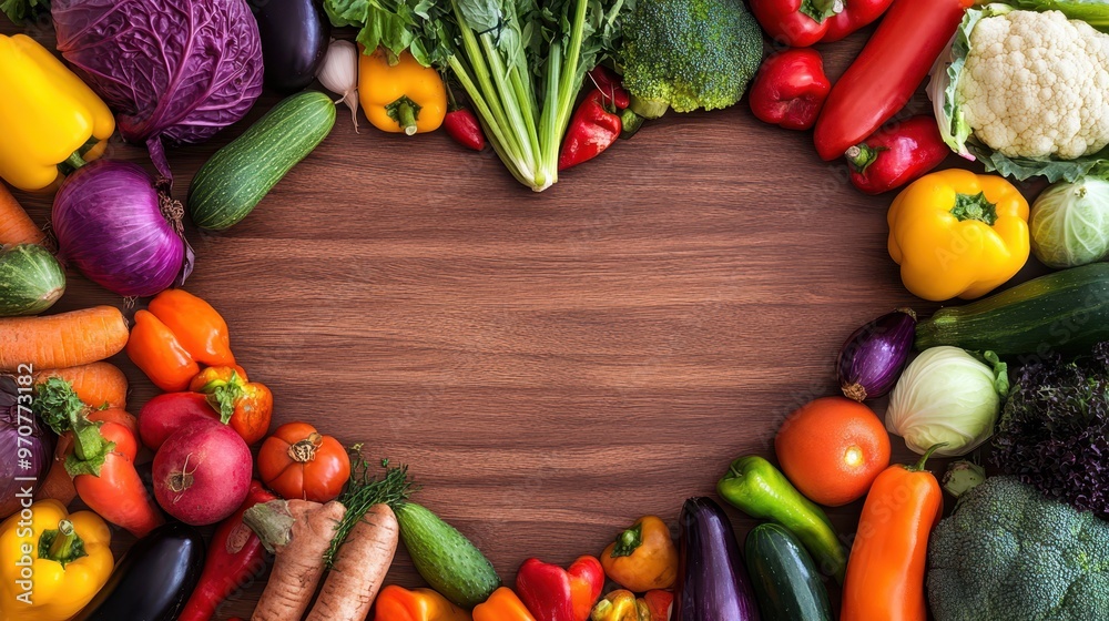Heart-shaped arrangement of various colorful vegetables on a light wooden surface. Healthy eating, love for food, or organic lifestyle concept.