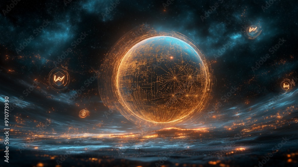 A floating globe of interconnected digital nodes represents the global network and integration of digital currencies in space A floating globe of interconnected digital nodes represents the global network and integration of digital currencies in space