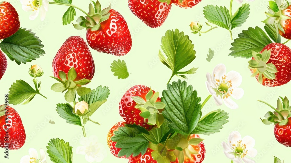 Realistic seamless pattern of strawberries, green leaves, and white flowers on a light green background. Perfect for fresh, vibrant, and summery designs. Realistic seamless pattern of strawberries, green leaves, and white flowers on a light green background. Perfect for fresh, vibrant, and summery designs.