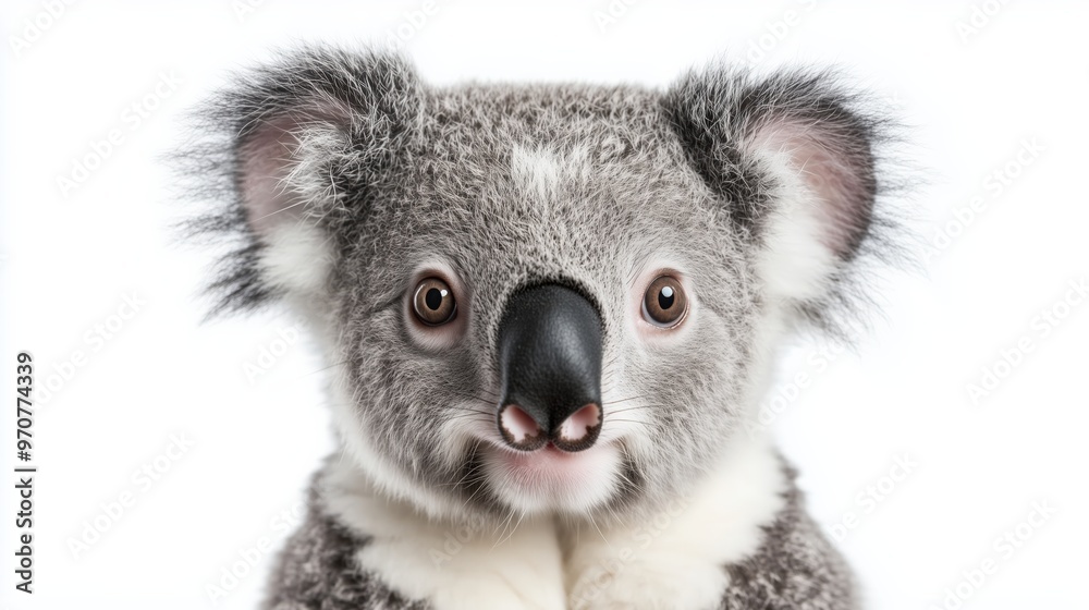 Obraz premium Adorable shocked koala with big eyes isolated on white background for unique design