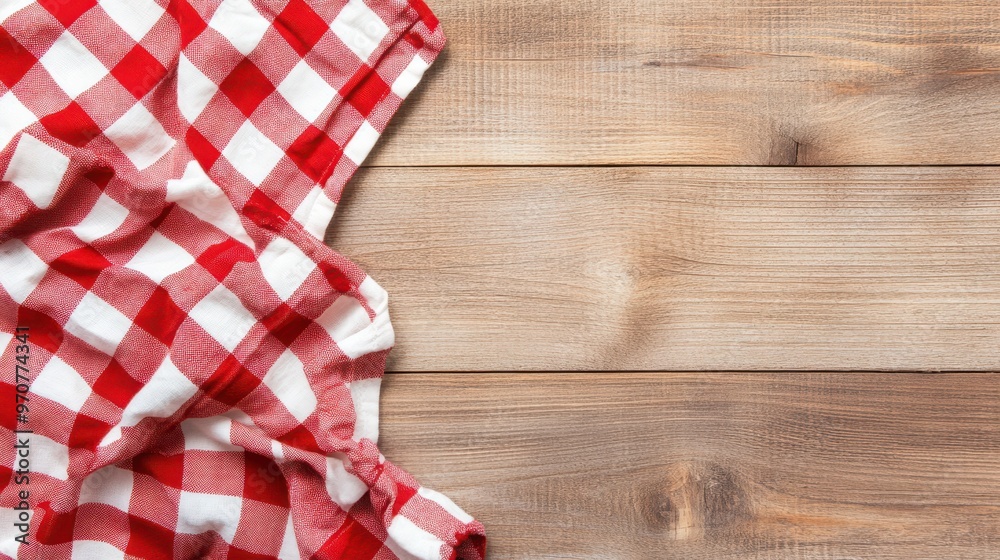 Checkered red and white tablecloth spread on a rustic wooden table. Ideal for country kitchen or picnic concepts.