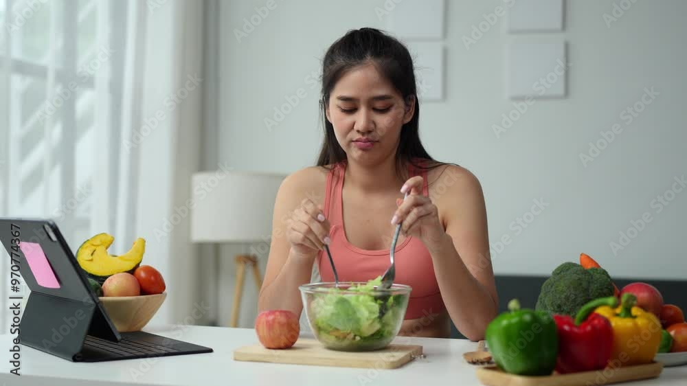 Young Asian woman in good health who is feeling anorexic. Doesn't want to eat. Woman is fasting in a salad bowl. Don't like or get bored with eating fresh, nutritious, tasty, healthy vegetables. Young Asian woman in good health who is feeling anorexic. Doesn't want to eat. Woman is fasting in a salad bowl. Don't like or get bored with eating fresh, nutritious, tasty, healthy vegetables.