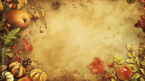 A warm and inviting Thanksgiving card background. The background might feature a cornucopia filled with an abundance of fruits and vegetables photo