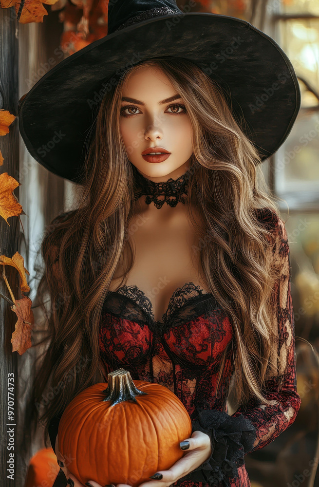 Enchanting young witch in red and black dress, clutching a pumpkin, set against a stunning Halloween backdrop. Enchanting young witch in red and black dress, clutching a pumpkin, set against a stunning Halloween backdrop.