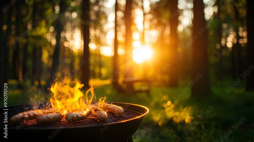 A serene forest clearing, with a grill smoking sausages and vegetables, surrounded by tall trees and chirping birds A serene forest clearing, with a grill smoking sausages and vegetables, surrounded by tall trees and chirping birds
