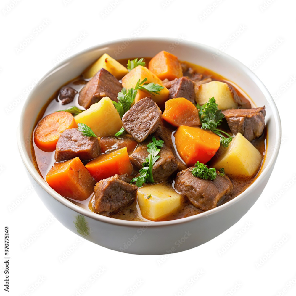 A dish of moose stew with root vegetables isolated on transparent background. A dish of moose stew with root vegetables isolated on transparent background.