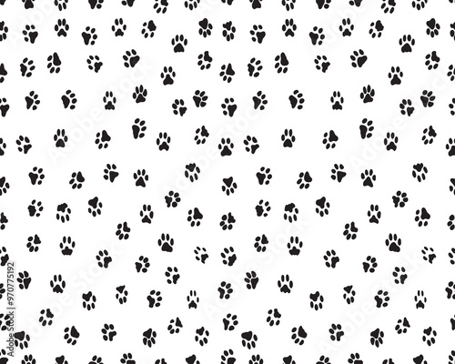 Seamless pattern of black silhouettes of prints of dog paw	