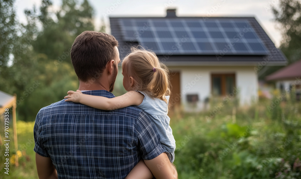 Fototapeta premium Rear view of dad holding her little girl in arms and showing at their house with installed solar panels. Alternative energy, saving resources and sustainable lifestyle concept.