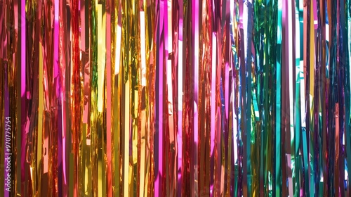 Colorful rainbow foil fringe curtain for festive spring celebrations and party decor photo