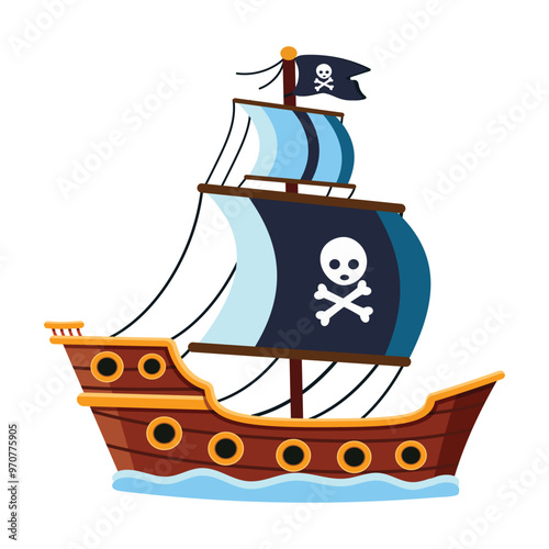 A pirate wooden ship with sails and a skull on white background. Vector illustration in cartoon flat style.