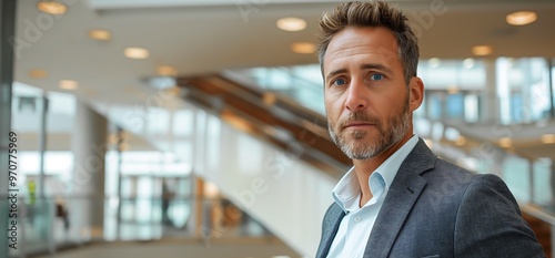 Office worker in a Scandinavian country, standing on staircase railings wearing business casual attire with a gray jacket and white shirt photo