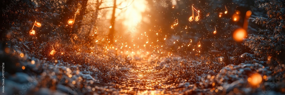 Magical Forest Path with Music Notes and Golden Light Magical Forest Path with Music Notes and Golden Light