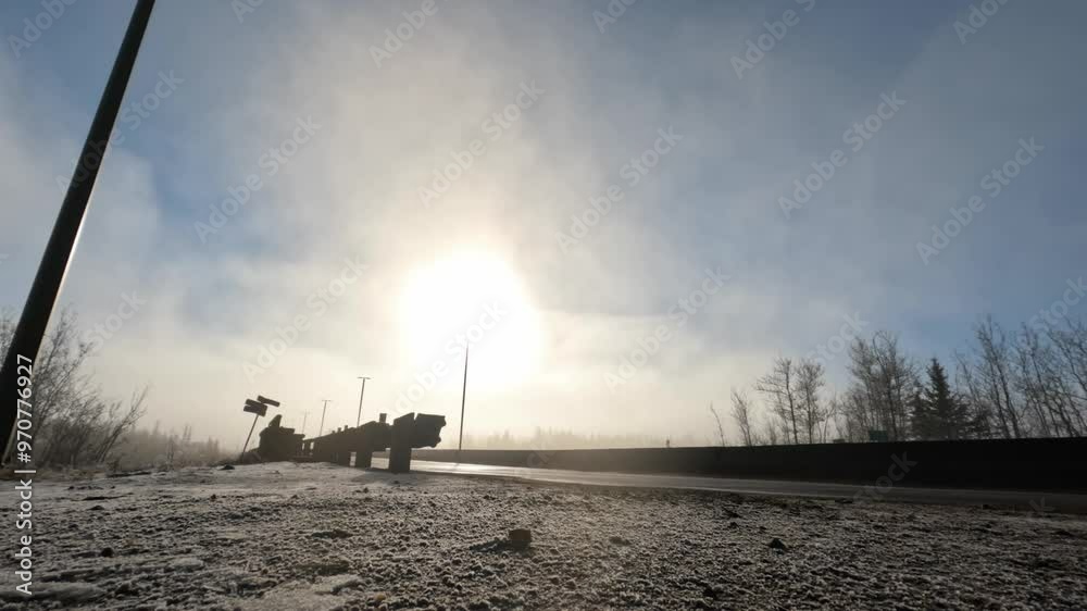Video loop time lapse 4k transportation of a dual compressed gas white fuel truck on a twilight winter day with snow covered forest as the fog subsides on sunny sunrise day