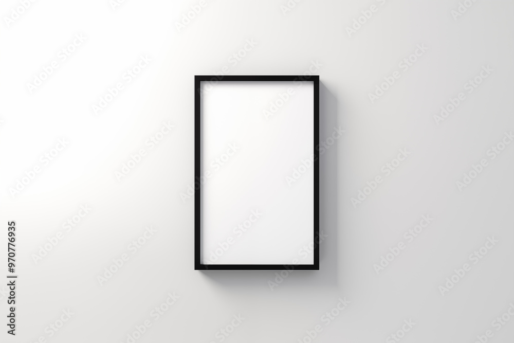 Blank black verticle black frame with white canvas hang center on clean white empty wall 3D art display mockup Blank black verticle black frame with white canvas hang center on clean white empty wall 3D art display mockup