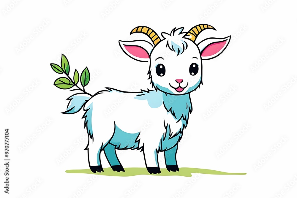 Cartoon Goat with Green Leaves on a White Background Cartoon Goat with Green Leaves on a White Background