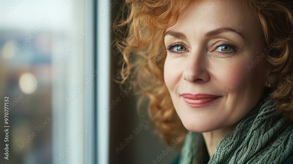 Embracing spring: smiling middle-aged woman with curly hair by the window for print design Embracing spring: smiling middle-aged woman with curly hair by the window for print design
