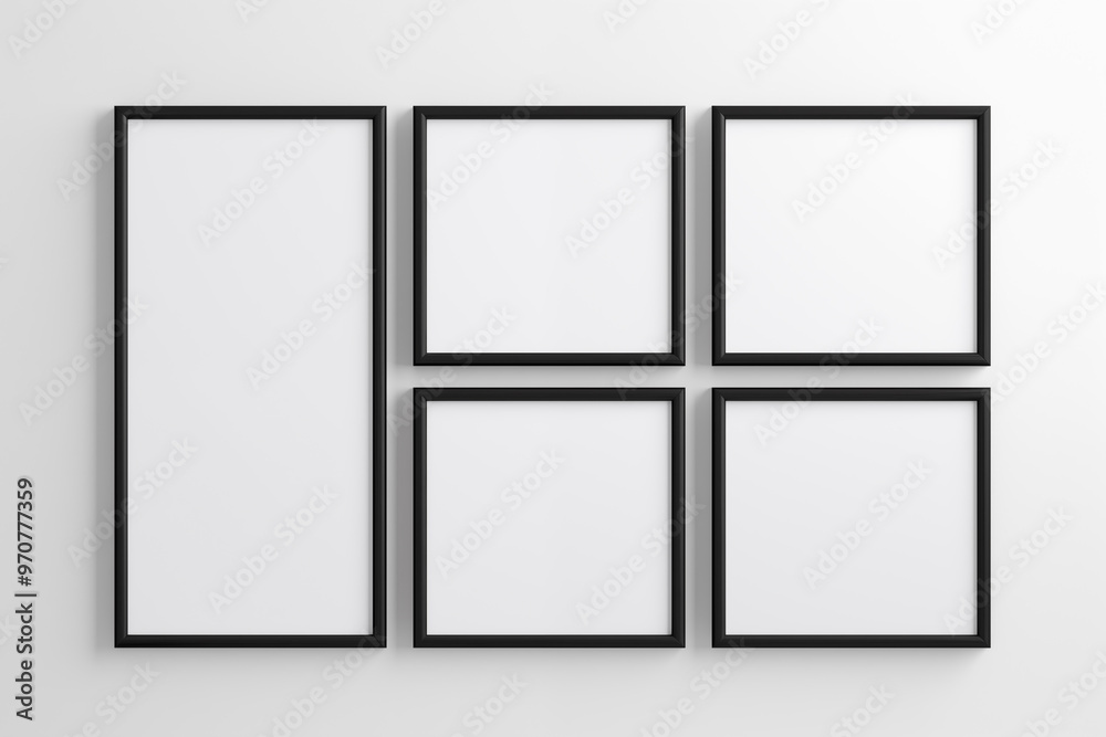 Six blank black artwork poster frames on white empty wall mockup display Six blank black artwork poster frames on white empty wall mockup display