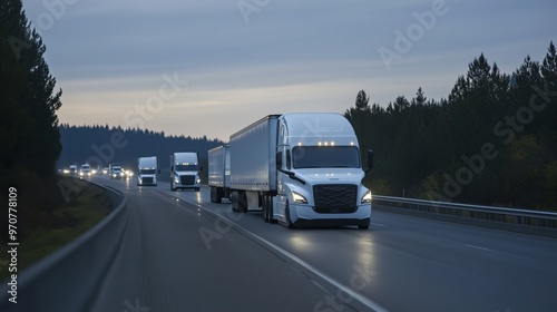 Wallpaper Mural Fleet of white semi trucks traveling on highway at dusk for logistic transportation Torontodigital.ca