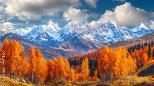 Scenic view at snow capped mountains in autumn