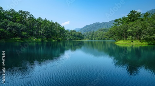 Tranquil lake surrounded by lush greenery and reflecting the serene blue sky