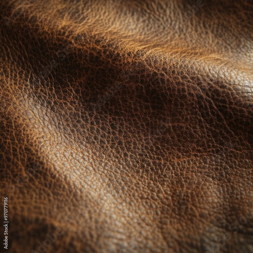 Close-up Texture of Wavy Brown Leather with Subtle Wrinkles photo
