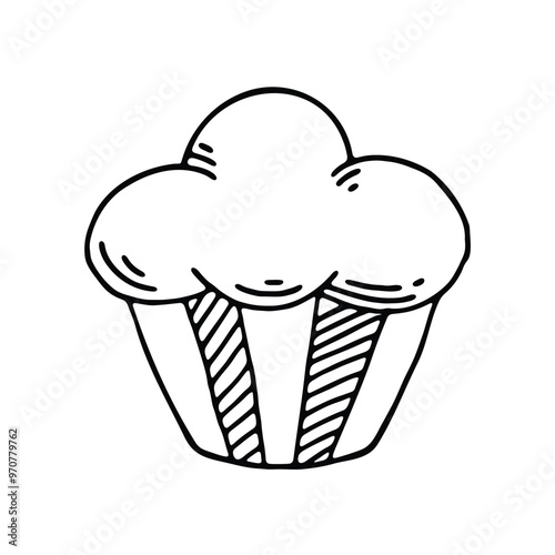 hand drawing of a cupcake with a fluffy top and a striped wrapper.