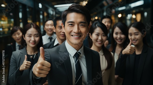 A group of the bank staff, Asian men and women wearing suits giving thumbs up.