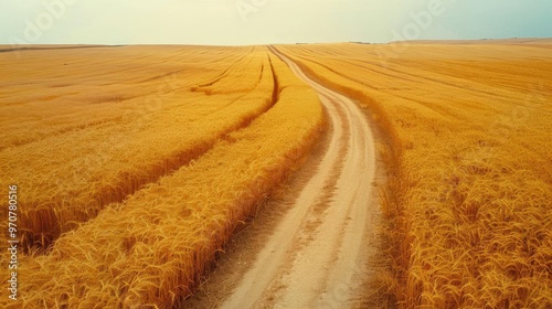 A winding dirt road through golden wheat fields under a soft sky, capturing the essence of rural tranquility.