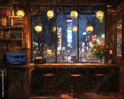 Rainy Night Window View A cozy cafe bathed in warm light with a rainstreaked window revealing a vibrant city skyline A lone coffee cup and empty stools await a patron photo