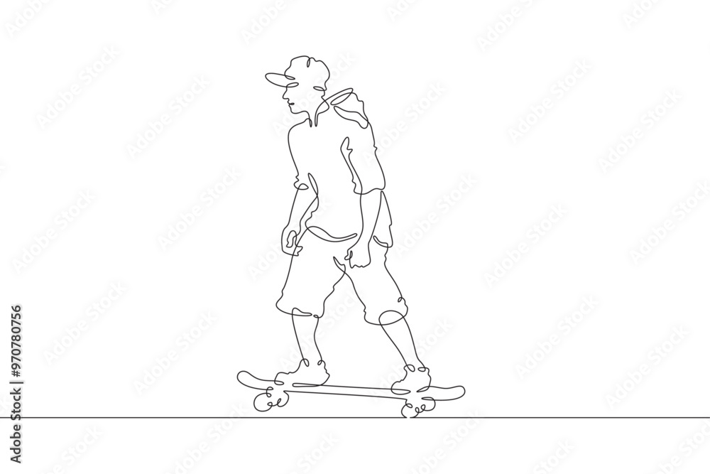 Continuous one line drawing skateboarder on a skateboard. Extreme sport. Skateboarder goes for a ride. One continuous line isolated minimal illustration. Continuous one line drawing skateboarder on a skateboard. Extreme sport. Skateboarder goes for a ride. One continuous line isolated minimal illustration.