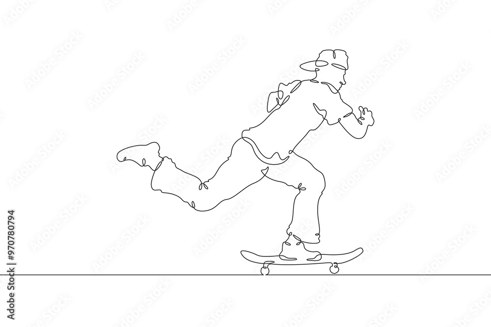 Continuous one line drawing skateboarder on a skateboard. Extreme sport. Skateboarder goes for a ride. One continuous line isolated minimal illustration. Continuous one line drawing skateboarder on a skateboard. Extreme sport. Skateboarder goes for a ride. One continuous line isolated minimal illustration.