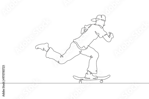 Continuous one line drawing skateboarder on a skateboard. Extreme sport. Skateboarder goes for a ride.  One continuous line isolated minimal illustration.